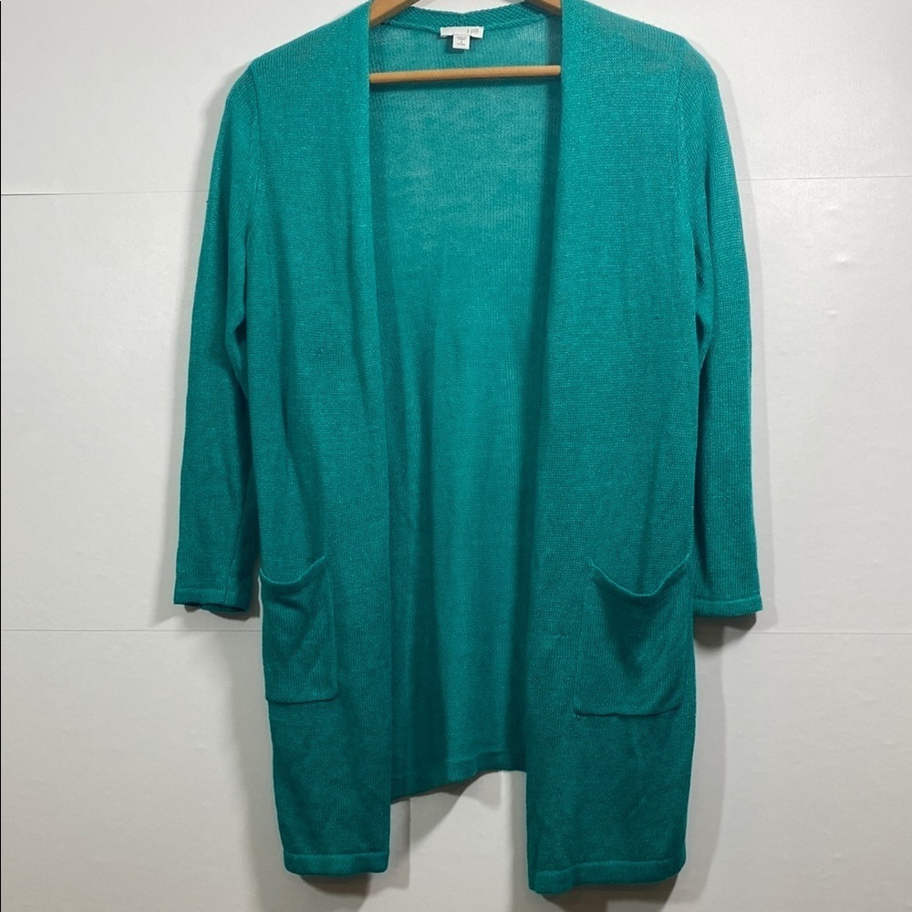 J. Jill Linen Blend Teal Open Front Cardigan Sweater